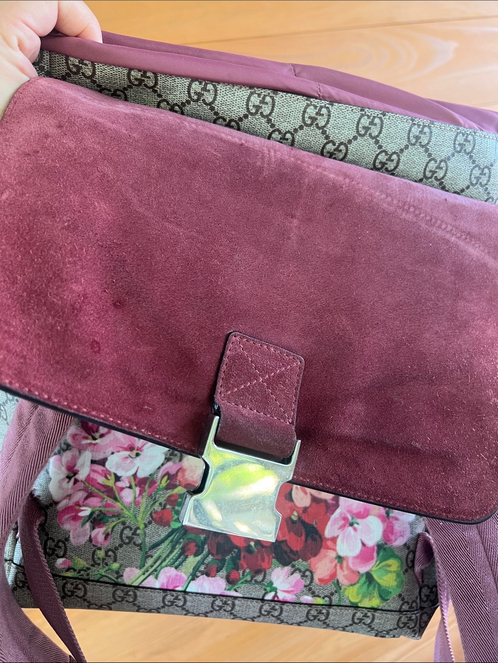 Gucci Brown GG Supreme Canvas Backpack with Pink Floral Print - Picture 5 of 8
